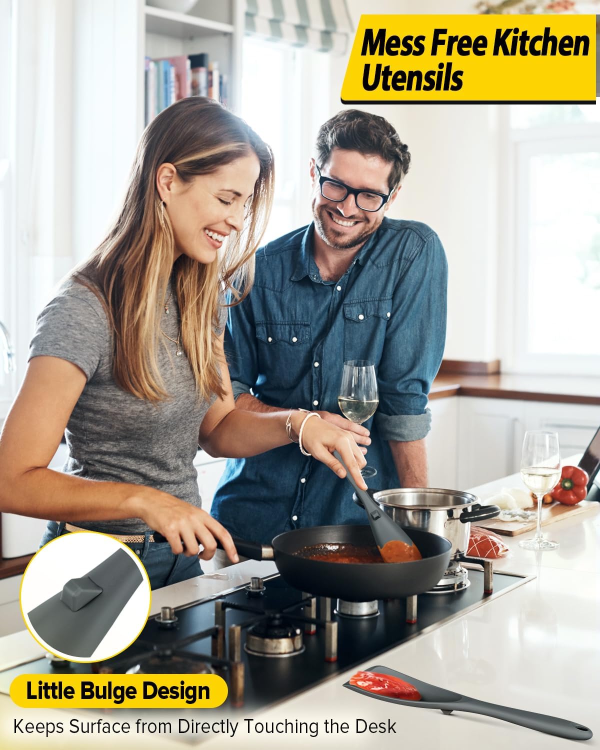 Skiennix Cooking Spoons - BPA-Free Non-Stick Spatula Set | Pack of 2, Gray-Blue Color