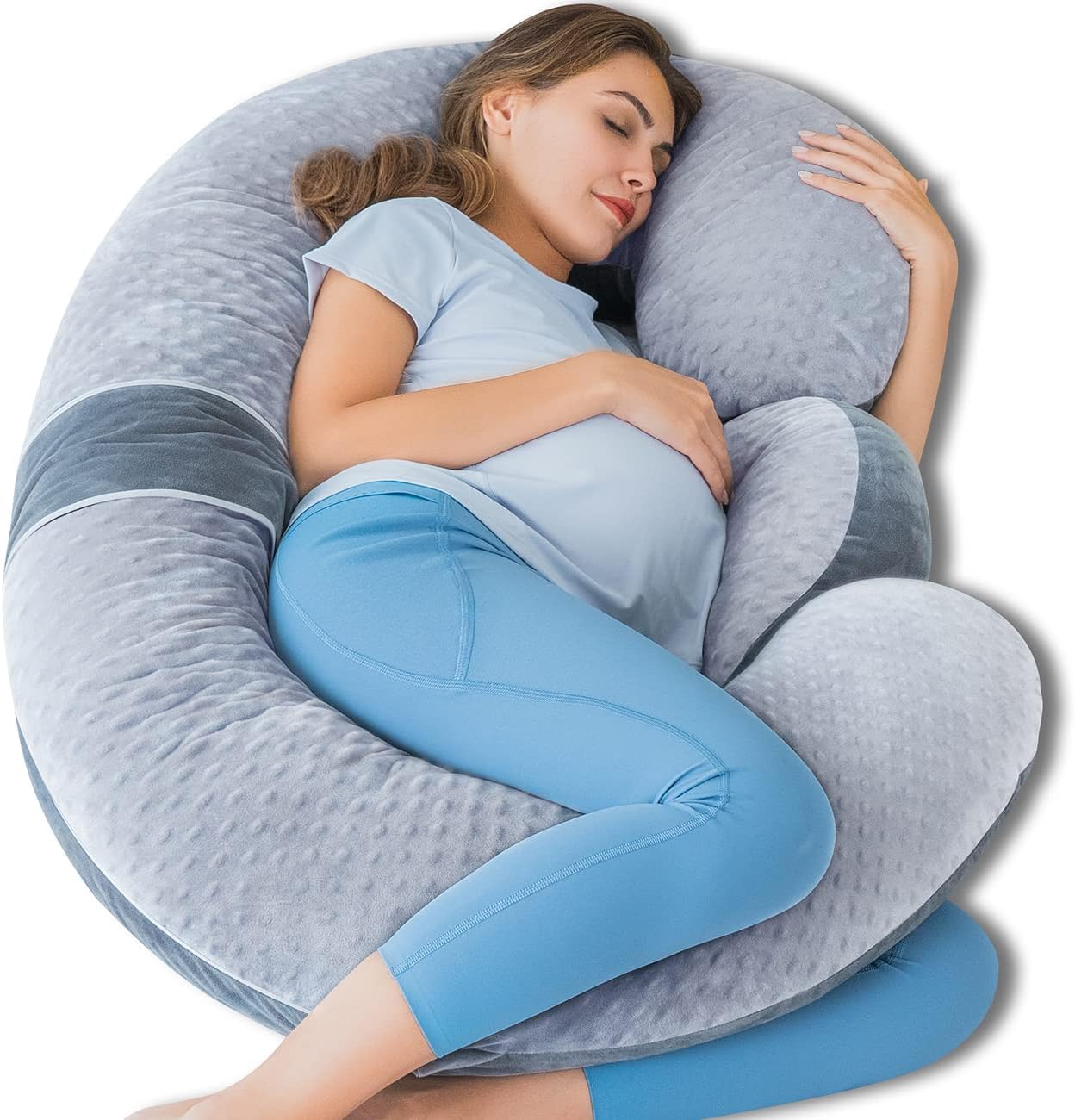 Queen Rose E-Shaped Pregnancy Pillow - Adjustable Full Body Maternity Support, 60 Inch, Grey Velvet Cover