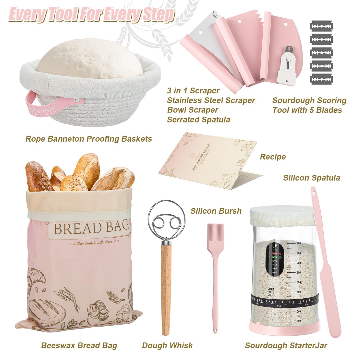 CINNIE&JHIN Pink Sourdough Starter Kit, Complete Baking Tools Set with Proofing Baskets, Pink Design Gifts for Women Bakers - Bread Making Supplies with Jar, Lame, Scraper, Bag & More