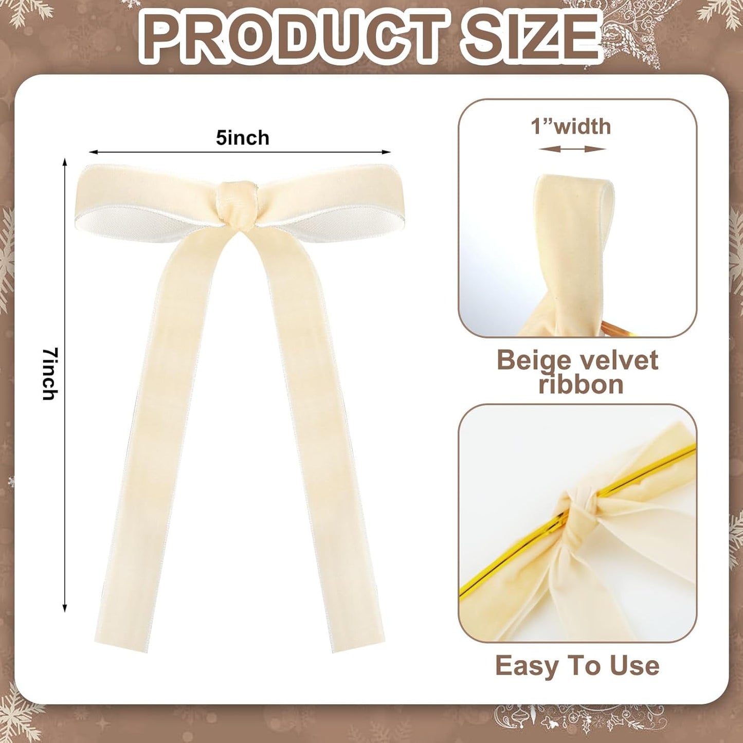 Beige Velvet Bows - 24 Pcs Christmas Tree Ornaments & Valentine's Day Decor | 5 x 7 Inch, 1 Inch Width