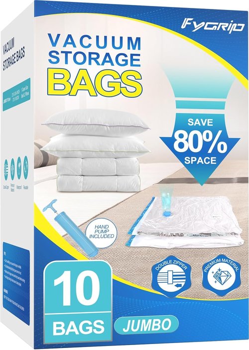 Fygrip Vacuum Storage Bags - 80% Space Saver with Hand Pump | Jumbo Size for Clothing, Travel & Comforters