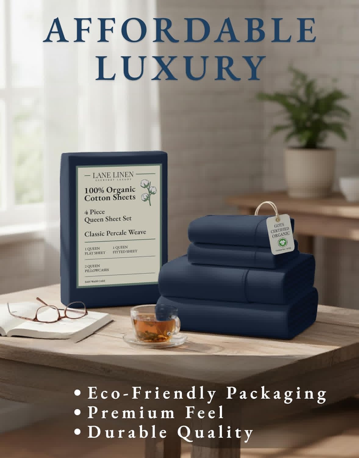 LANE LINEN Organic Cotton Bed Sheets - Eco-Friendly, Soft Percale Weave, Queen Size Set - Navy
