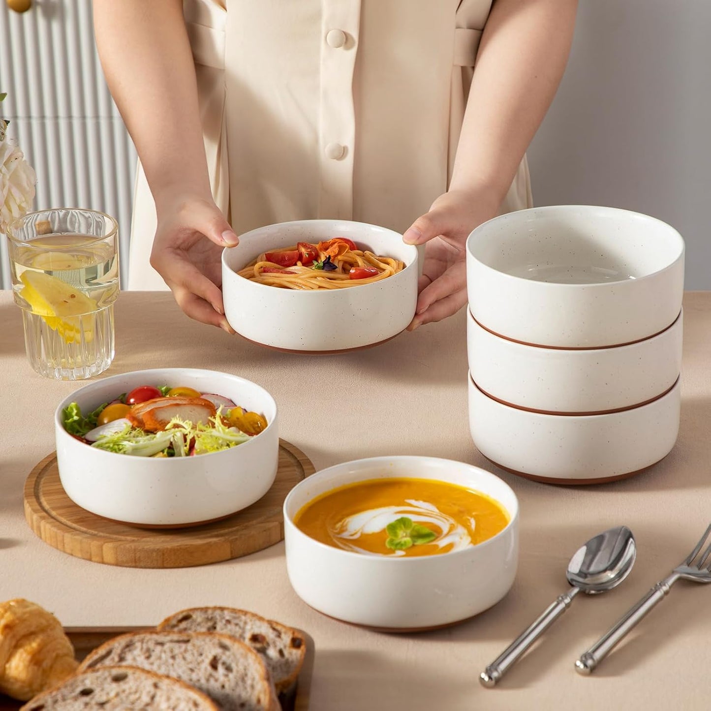 MALACASA Cereal Bowls Set of 6 - 24 OZ Ceramic Kitchen Bowls | Dishwasher & Microwave Safe, Khaki White