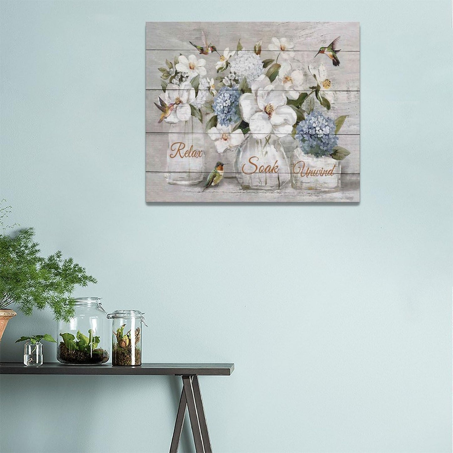 Farmhouse Flower Bathroom Decor Wall Art Rustic Hummingbird White Floral Pictures Wall Decor Relax Soak Unwind Bathroom Sign Canvas Painting Prints Artwork Home Decorations Framed for Bedroom 24"x20"