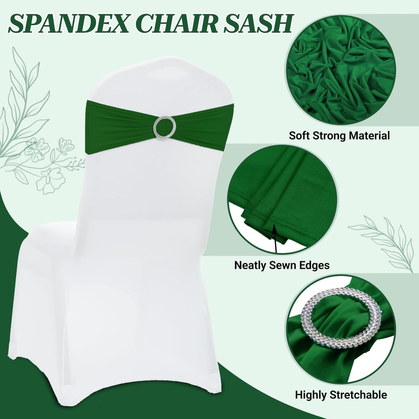 MDS Premium Spandex Chair Sashes - Stretchy Bow Covers with Buckle Slider | Universal Fit for Weddings & Events - Green (Pack of 100)