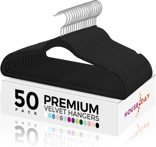 HOUSE DAY Premium Velvet Hangers - 50 Pack Black Non-Slip Flocked Hangers for Space-Saving Closet