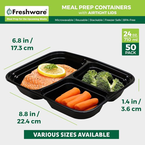 Freshware Meal Prep Containers - 50 Pack 3-Compartment Food Storage with Lids | BPA-Free, Stackable, Microwave Safe (24 oz)