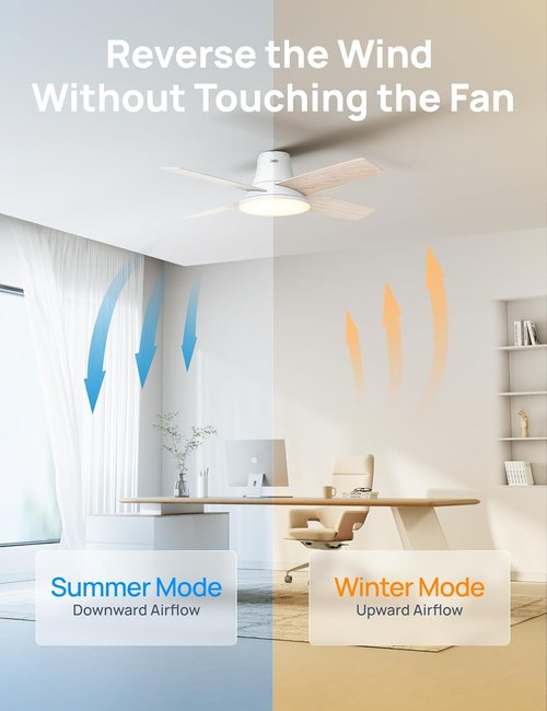DREO Smart Ceiling Fan with Lights - 12 Speeds, Quiet DC Motor, Dimmable LED, 44" White Flush Mount