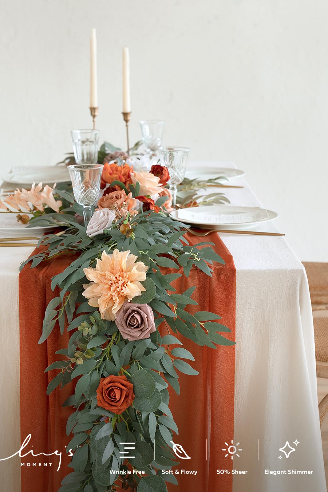 Ling's Moment 10Ft Burnt Orange Sheer Chiffon Table Runner Terracotta Tablecloth Rust Linens with Silver Sparkle for Wedding Rustic Boho Party Bridal Shower Decorations Birthday Party Fall Decor