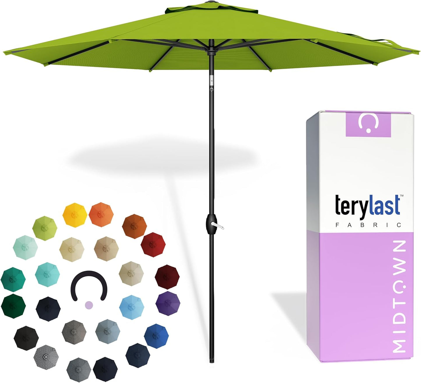 Midtown Umbrellas 9 Ft Patio Umbrella - 10-Year No-Fade Terylast Fabric, Auto-Tilt Frame | Pear Green Canopy, Black Pole
