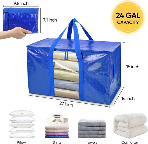 BALEINE Oversized Moving Bags - Heavy-Duty Storage Totes with Reinforced Handles | Blue w/Window, 4-Pack