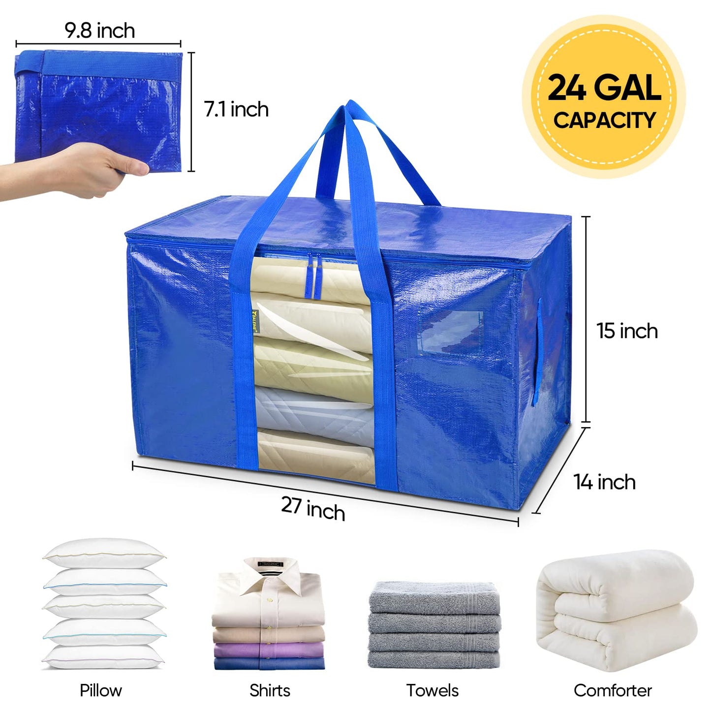 BALEINE 6-Pack Oversized Moving Bags with Reinforced Handles, Heavy-Duty Storage Tote Moving Supplies for Packaging, Camping (Blue w/Window, 6-Pack)