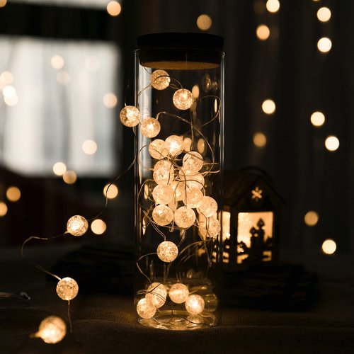 HuTools Globe String Lights for Bedroom, Decorative Lightning, Christmas Lights, Crystal Crackle Ball Lights 10Ft 30 LED Soft White Battery Operated Fairy Lights Perfect for Valentine's Day Decor