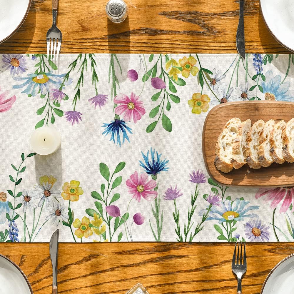 Artoid Mode Daisy Eucalyptus Lavender Floral Leaves Summer Table Runner, Spring Kitchen Dining Table Decoration for Home Party Decor 13x72 Inch