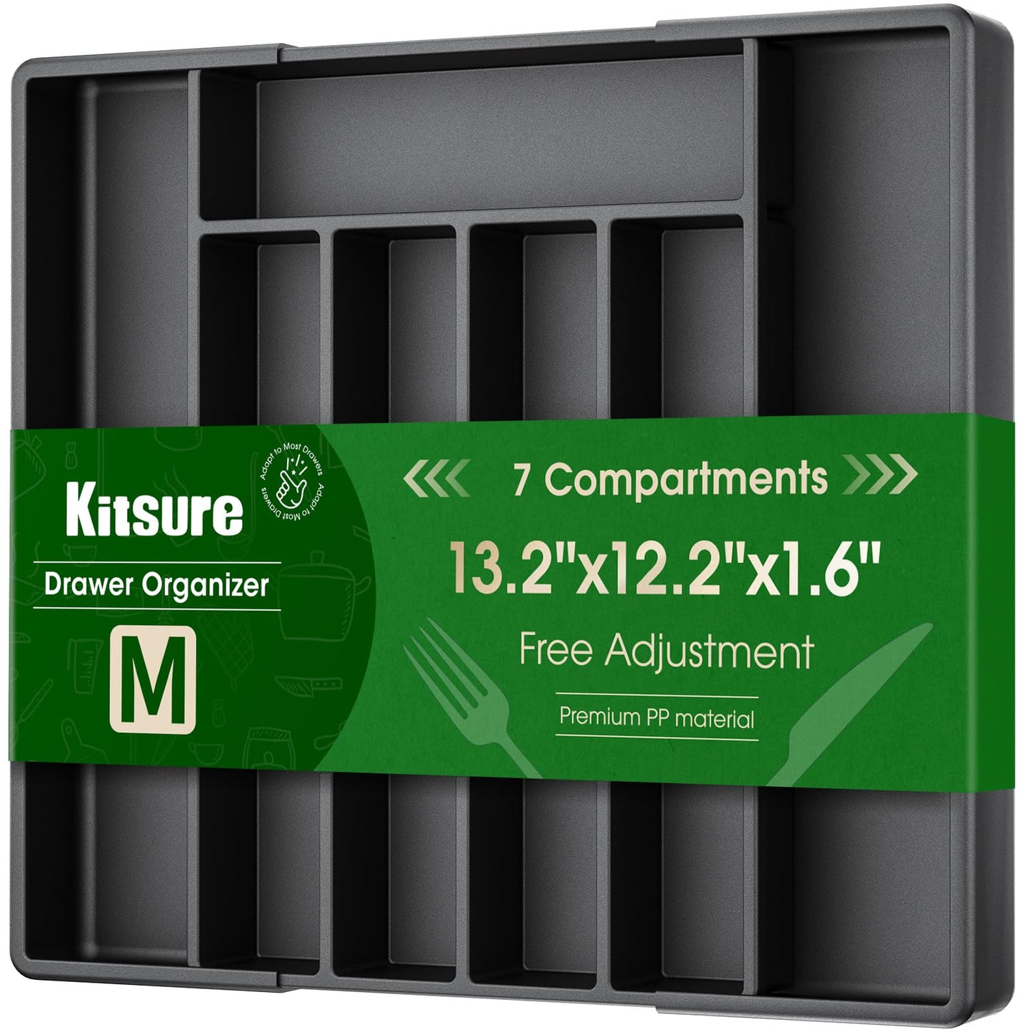 Kitsure Silverware Organizer for Drawers - Expandable Cutlery and Utensil Drawer Organizer with Easy Maintenance, Premium PP Kitchen Organizers and Storage for Flatware, Black, 13.2" x 12.2" x 1.6"