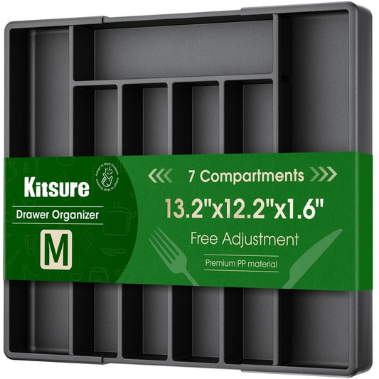 Kitsure Silverware Organizer for Drawers - Expandable Cutlery and Utensil Drawer Organizer with Easy Maintenance, Premium PP Kitchen Organizers and Storage for Flatware, Black, 13.2" x 12.2" x 1.6"