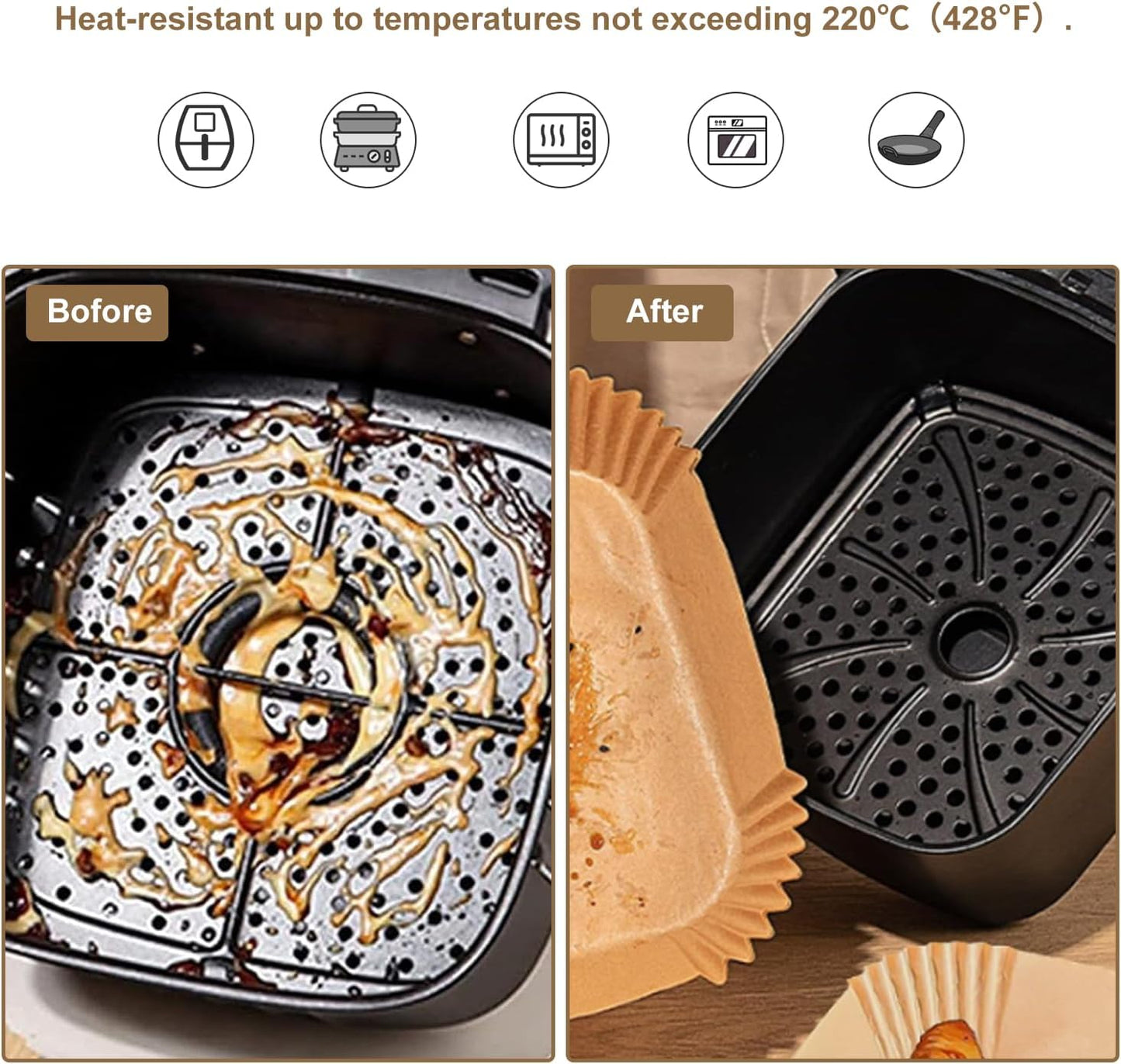 Skiennix Air Fryer Paper Liners - 100 Pcs Non-Stick Parchment for 7.9" Square Baskets | Food Grade Accessories