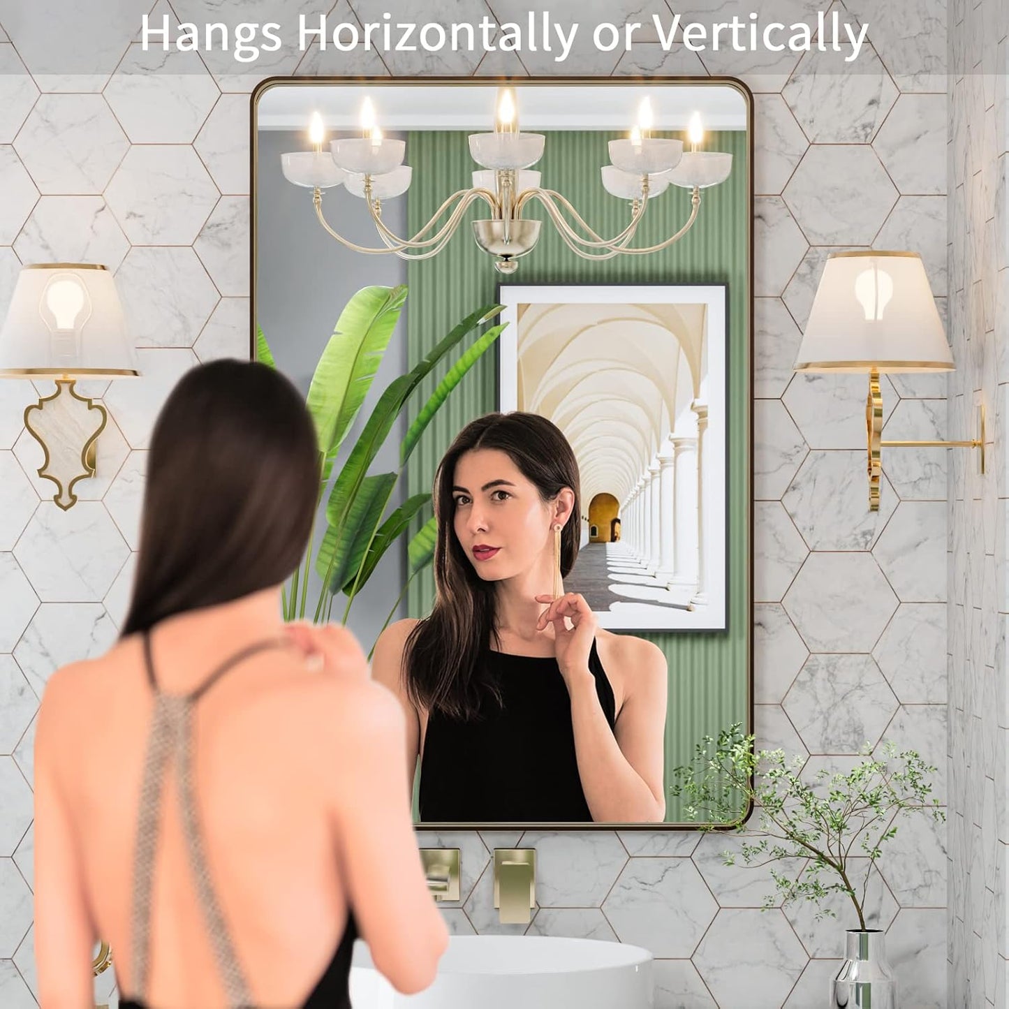 LOAAO Bronze Bathroom Mirror - 24”X32” Rounded Rectangle Design with Anti-Rust Brushed Metal Frame | Versatile Hanging Options