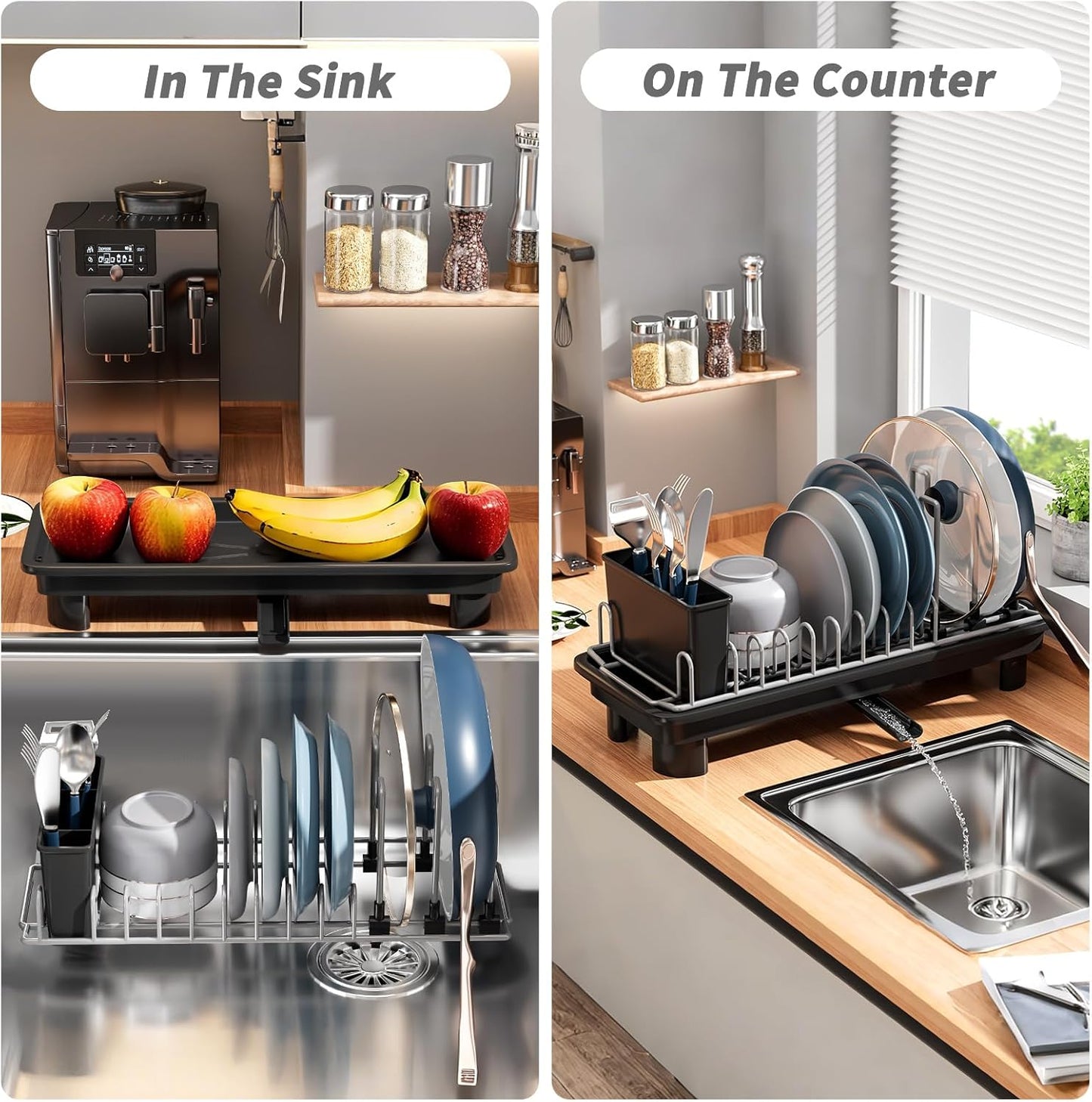 SanDream Small Dish Drying Rack - Stainless Steel with Removable Utensil Holder & Anti-Scratch Base | Space-Saving Design in Black