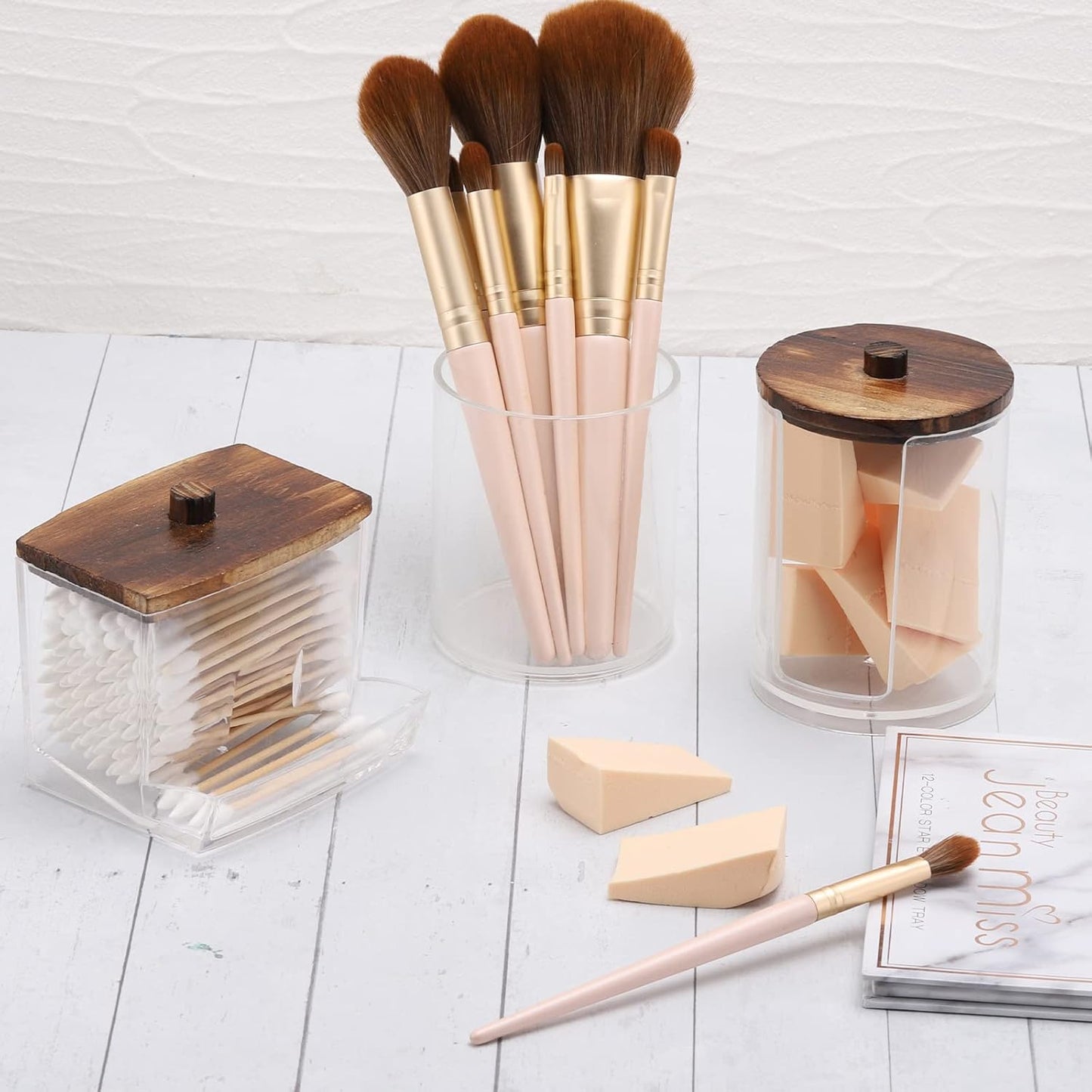 Tbestmax Bathroom Organizer Set | 3-Piece Apothecary Jar Set with Wood Lids for Q-Tips & Cotton Balls