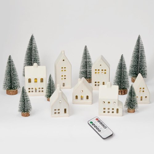 Christmas Village Set by [Brand Name] - 23 Pcs with 7 White Ceramic Houses & Remote LED Tea Lights | Farmhouse Decor for Tabletop & Mantel