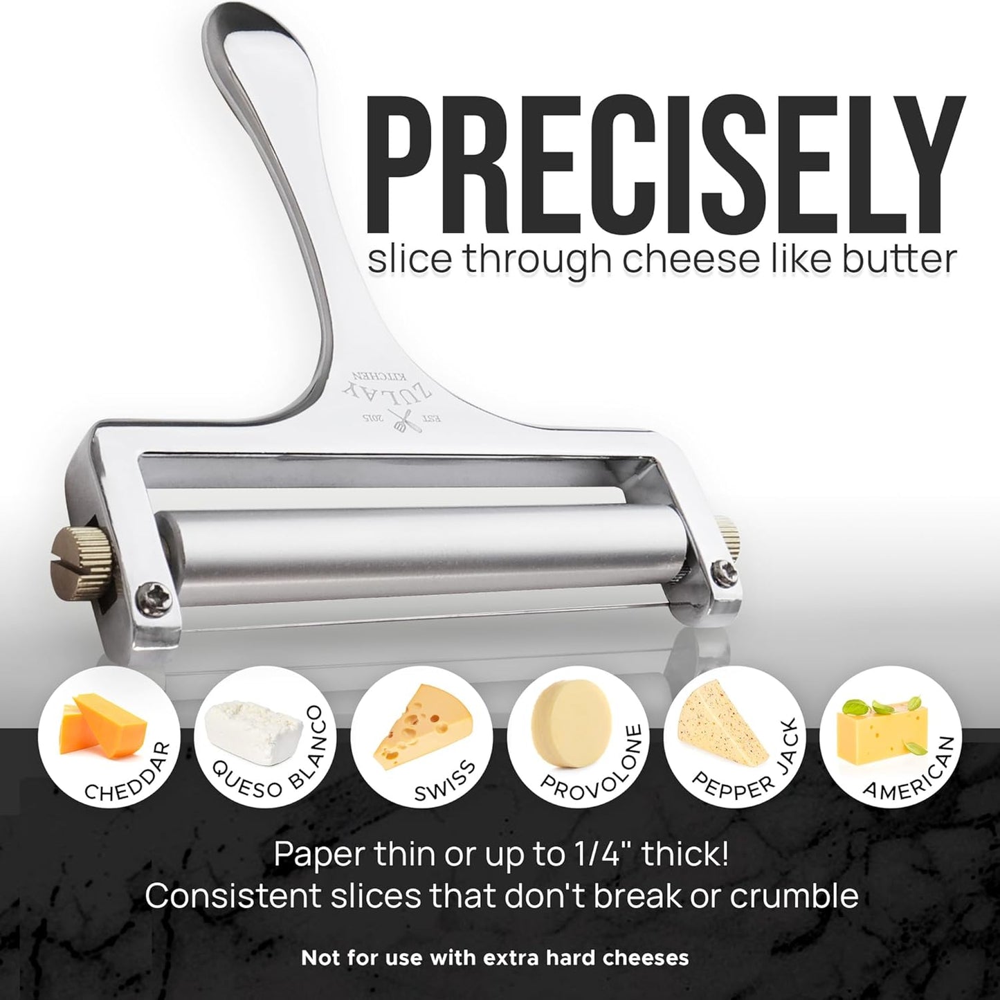 Zulay Kitchen Stainless Steel Cheese Slicer - Adjustable Handheld Cutter with 2 Extra Wires | Premium Shaver for Mozzarella, Cheddar, Gruyere - Silver