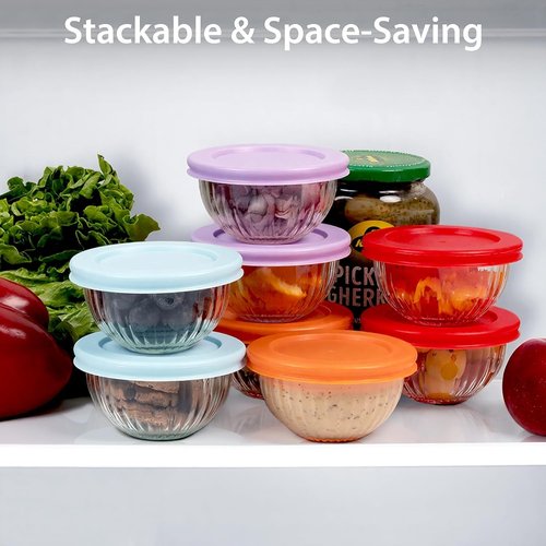 Freshmage Small Glass Bowls - 8 Pack Meal Prep Containers with Lids | Stackable & Microwave Safe, 6.25 Oz