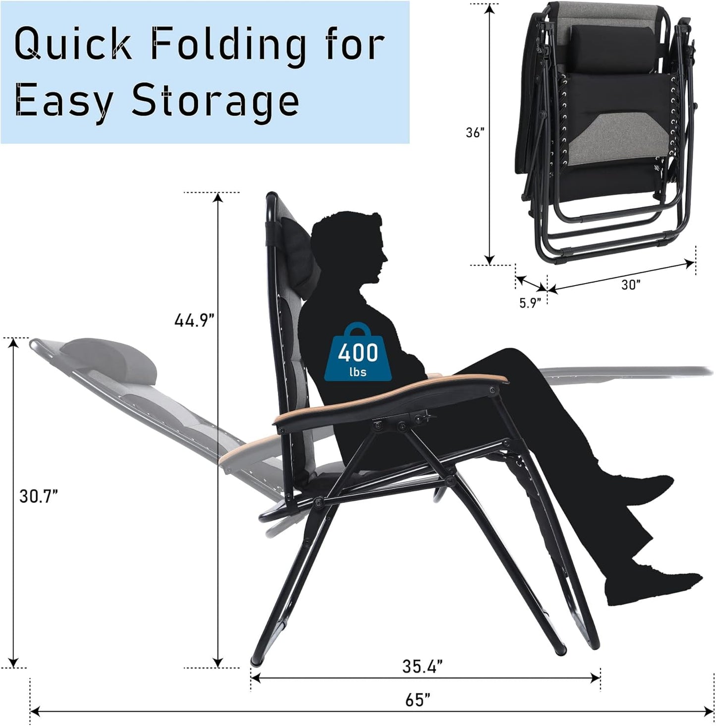 PHI VILLA XXL Oversized Padded Zero Gravity Chair - Foldable Patio Recliner with Cup Holder | Supports 400 LBS (Black)