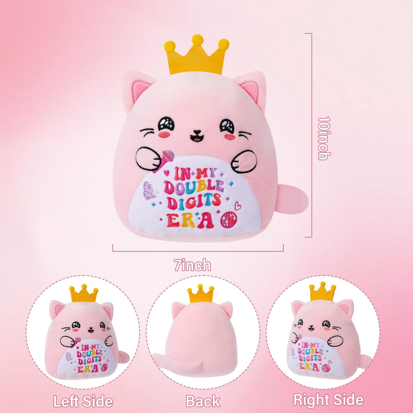 NIUBEHOHO 10th Birthday Gifts Cat Plush – Pink Cat Stuffed Animal with Crown for Girl Birthday Party Decoration 10 Years Old Girls in My Double Digits Era Themed 10 Inch