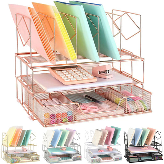 Youbetia Desk Organizers and Desk Accessories - Rose Gold Desk Organizer with File Sorters, File Organizer with Drawer, Desk Accessories & Workspace Organizers for School Office Supplies