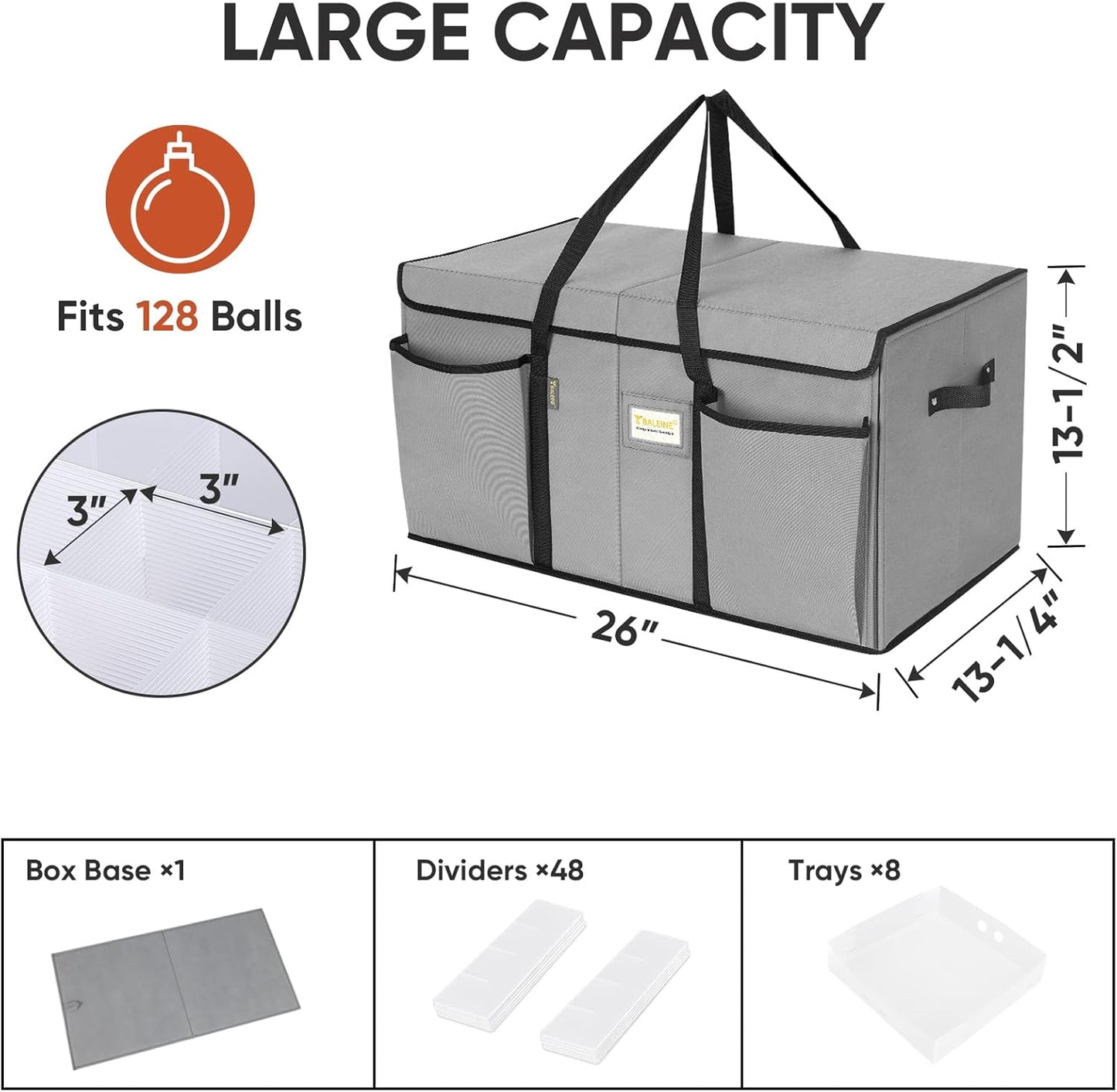 BALEINE Christmas Ornament Storage Box - Premium Container with Dividers for 128 Balls | Grey