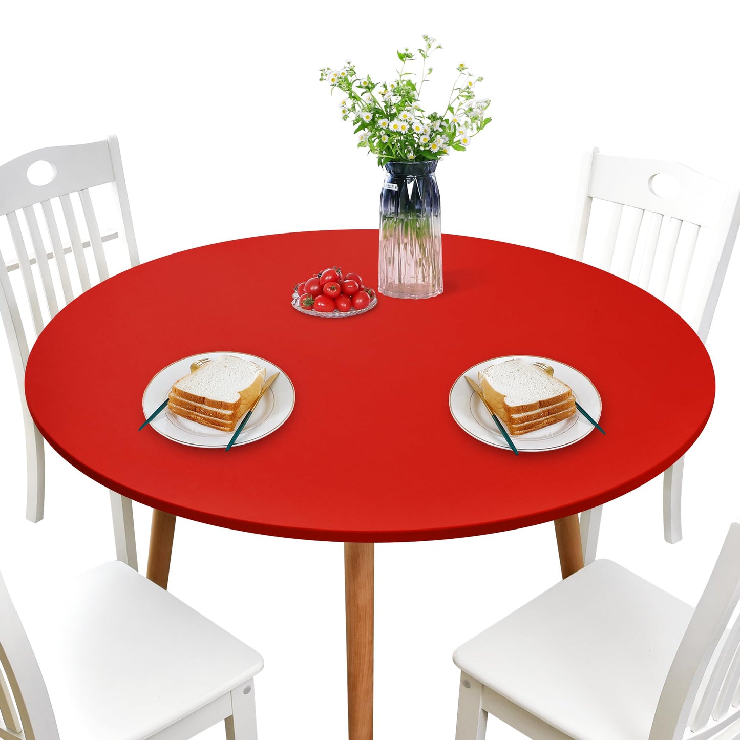NEWISHER Round Fitted Table Cover Spandex Stretch Tablecloth Red Table Top Cover with Elastic Edged for Dining Picnic Patio 60 inch