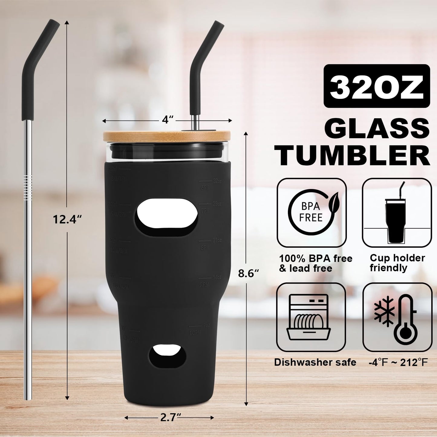 YULEER 32 oz Glass Water with Straws and Lids, 2 Pack Wide Mouth Smoothie Glass Cups with Silicone Protective Sleeve BPA FREE-Amber