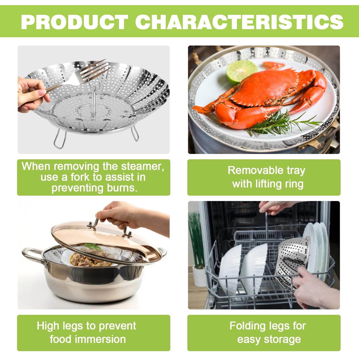 Vegetable Steamer Basket - Stainless Steel Folding Basket for Cooking, Vegetables, Fish, Pasta, Eggs, Fit Various Size Pot (5.5 inches to 9.2 inches)