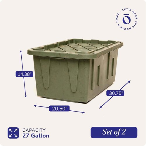 HOMZ Heavy Duty Plastic Storage Bins - 27 Gallon Green Camo Tote with Lids | 2-Pack Stackable Organizers