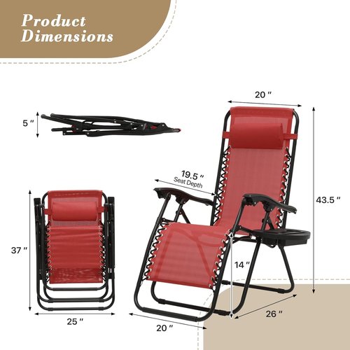 Athena Collection Zero Gravity Lounge Chairs - Set of 2 with Cup Holder | Dark Red Outdoor Recliners