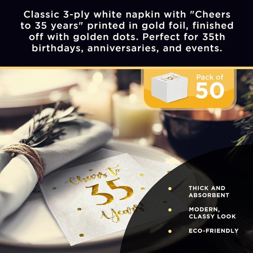 Cheers to 35 Years Cocktail Napkins | Happy 35th Birthday Decorations for Men and Women and Wedding Anniversary Party Decorations | 50-Pack 3-Ply Napkins | 5 x 5 inch folded (White)