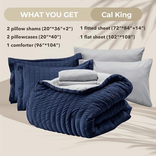 HYMOKEGE California King Comforter Set - Luxury 7-Piece All-Season Bedding in Navy Blue & Light Grey