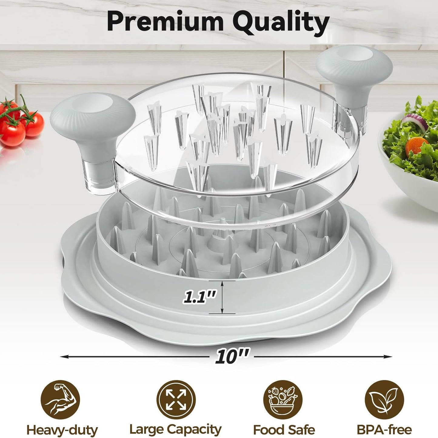 Ukeetap 10" Pro Chicken Shredder Tool - BPA-Free Meat Grinder with Ergonomic Handle & Anti-Slip Base, Gray