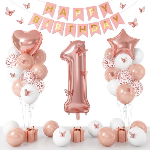 1st Birthday Decoration for Girls, Rose Gold 1st Birthday Balloon, Rose Gold Number 1 Balloon with Butterfly Stickers, Star Heart Foil Balloons Banner Set for Baby 1 Year Old Birthday Party Decor