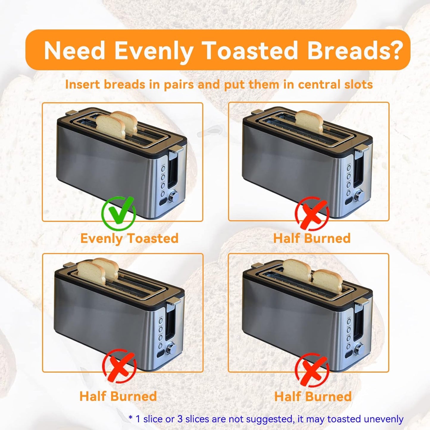 Mecity 4-Slice Toaster - Long Slot Design with Countdown Timer & 6 Browning Settings | Stainless Steel