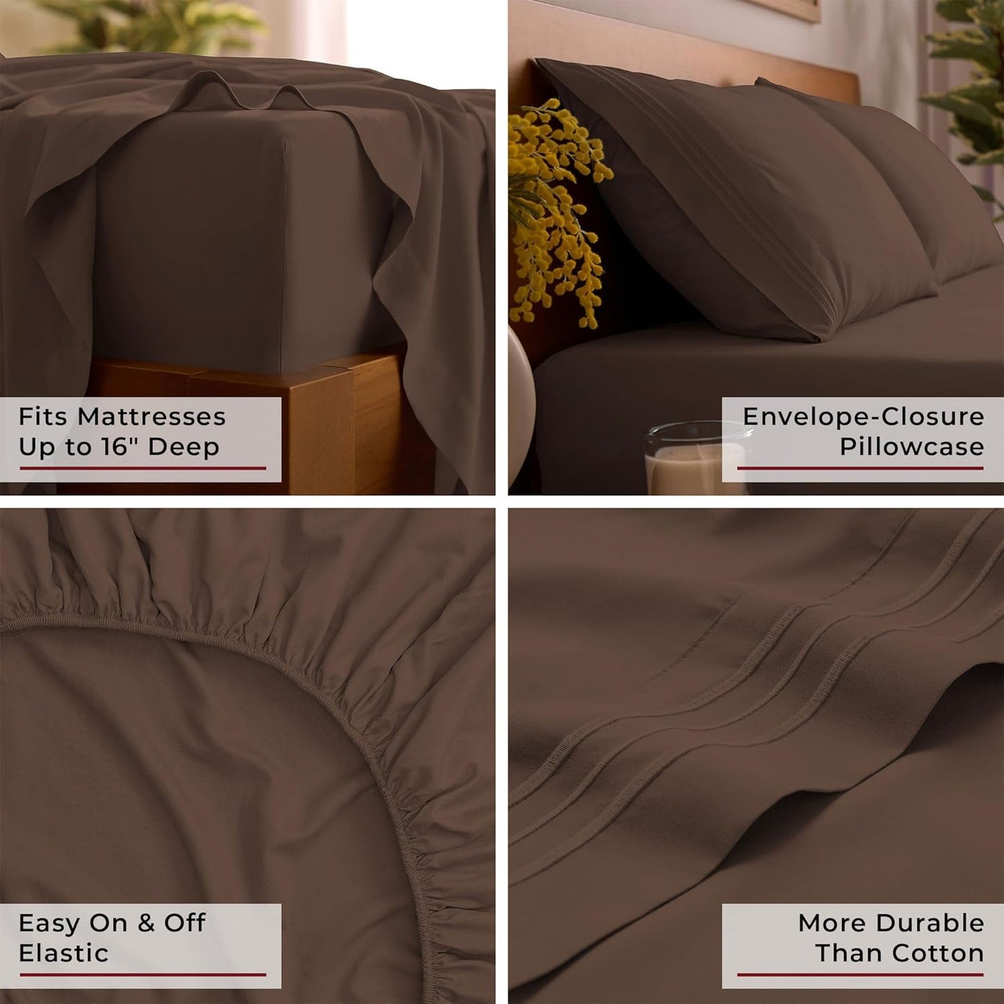 Mellanni Full Sheets Set - 4 PC Hotel Luxury Bedding | Extra Soft, Cooling, Wrinkle-Resistant (Brown)