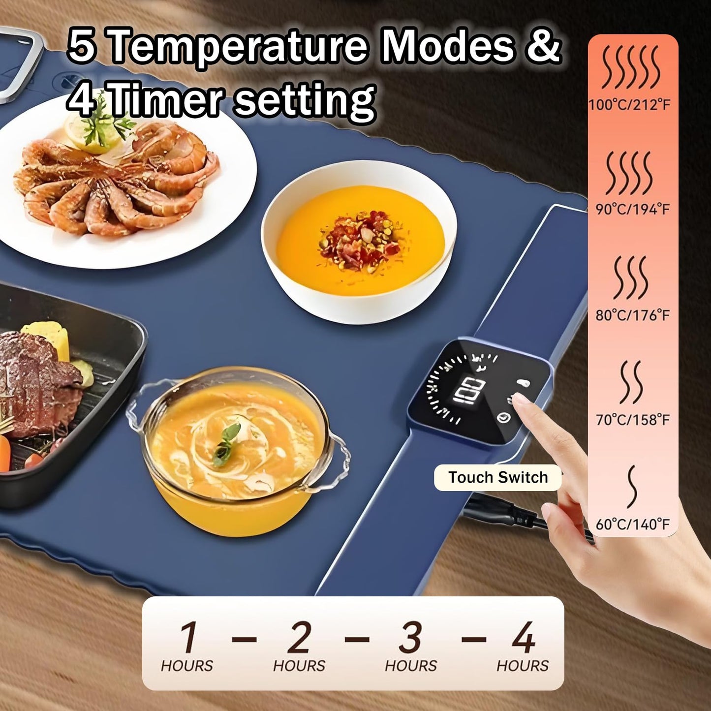 Warming Mat for Food, Electric Warming Tray with 5 Temp-Settings & 2 Hours Timer, Foldable Electric Warming Tray–Roll Up Food Warmers or Thawing