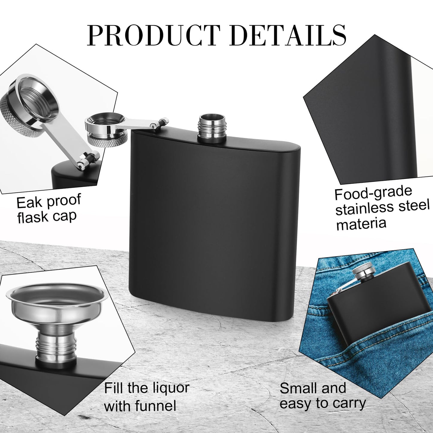 Hoolerry 30 Pack Hip Flasks for Liquor,Stainless Steel Whiskey Flask Set with Funnels Pocket Bulk for Groomsmen Gifts, Bridesmaids, Bachelor Party, Wedding Favor Supplies(6 oz,Black)
