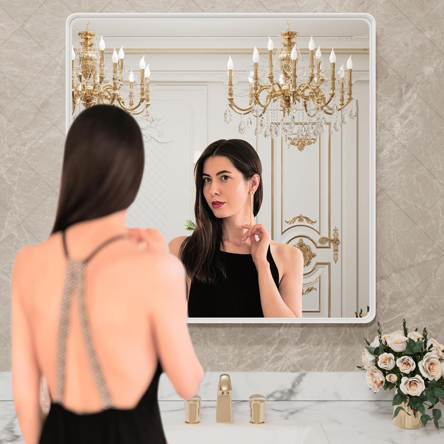 LOAAO Bathroom Mirror - 38x38 Inch White Metal Framed Vanity Mirror | Large Rounded Rectangle, Anti-Rust, Tempered Glass