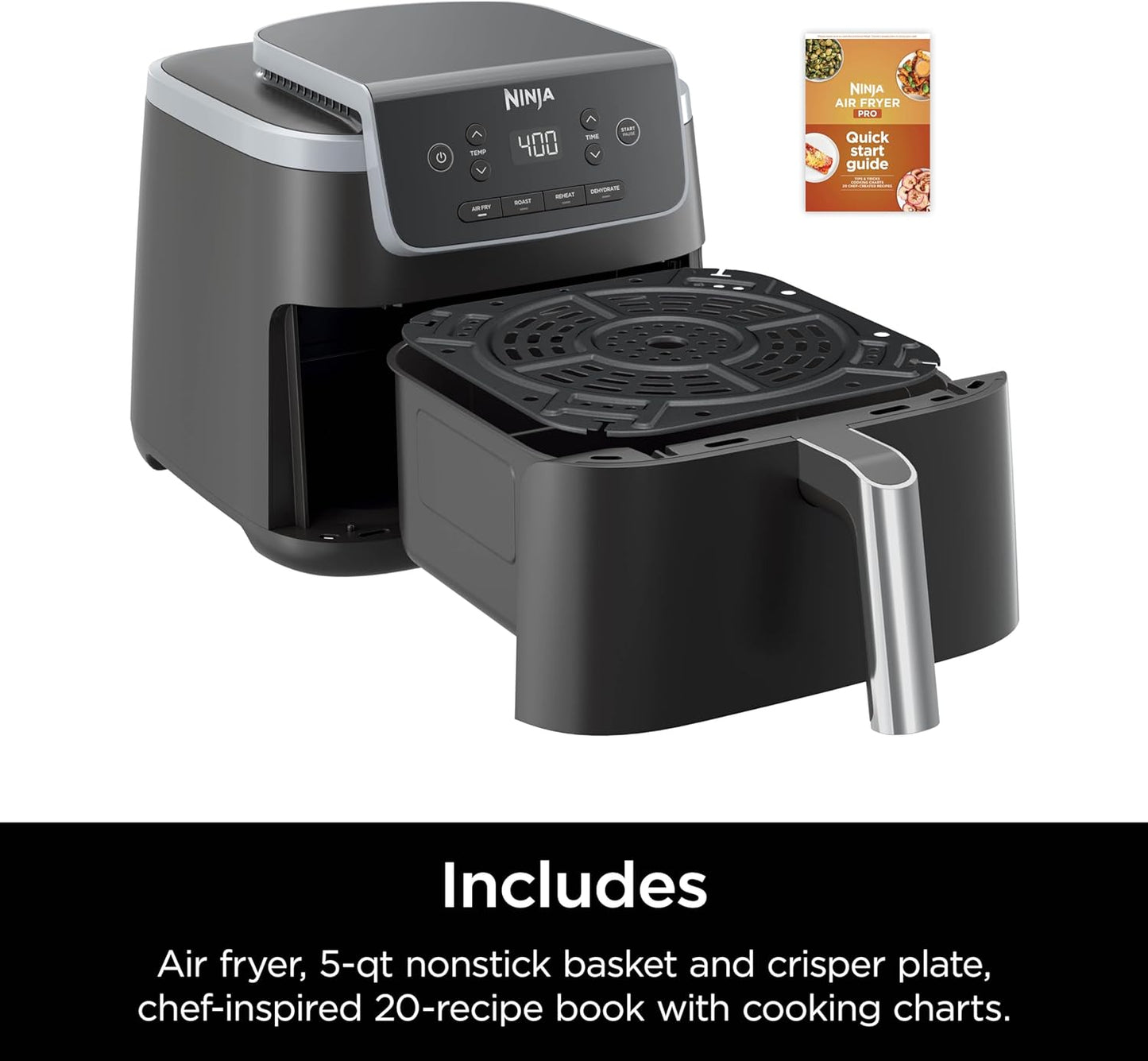 Ninja Air Fryer - 5 QT Capacity | 4-in-1 Pro Air Fry, Roast, Reheat, Dehydrate | 400°F Max Temp | Grey