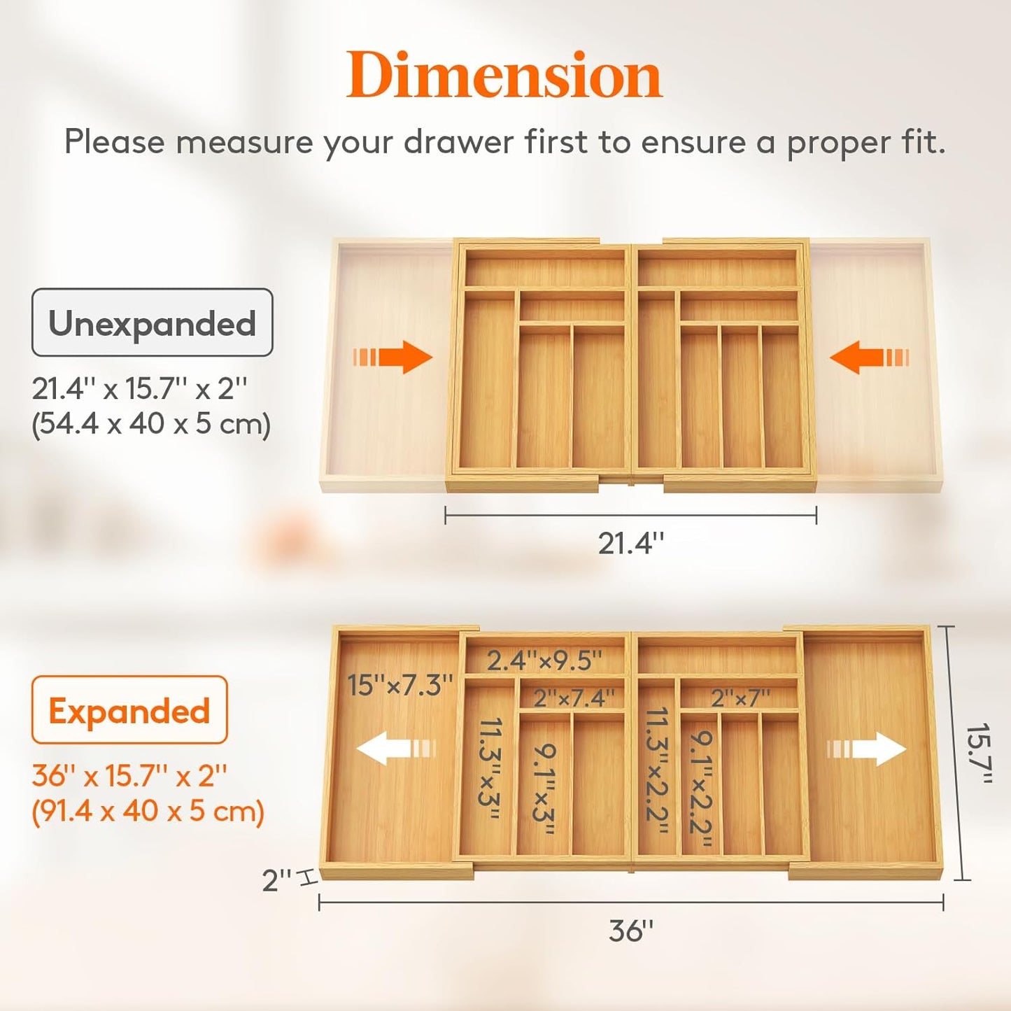 Lifewit Bamboo Silverware Drawer Organizer - Expandable 21.4 to 36 Inches | 13 Compartment Utensil Tray