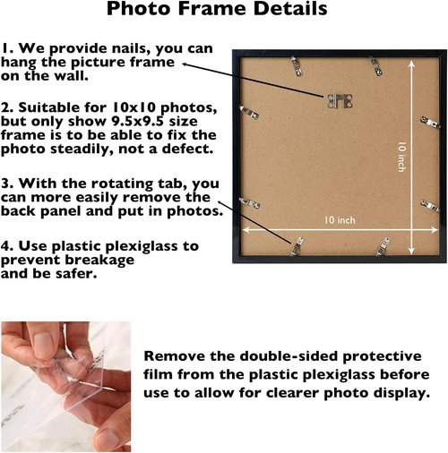 JCJMY 10x10 Black Picture Frame - Versatile Wall Mounting for Horizontal or Vertical Display | Shatter-Resistant Plexiglass