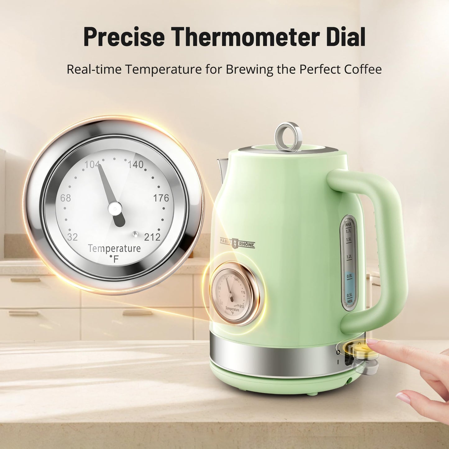 Retro Electric Kettle, PARIS RHÔNE 1.7L Hot Tea Kettle with Thermometer, 1500W Fast Heating, Cordless Design, LED Indicator, Auto Shut-Off & Boil Dry Protection