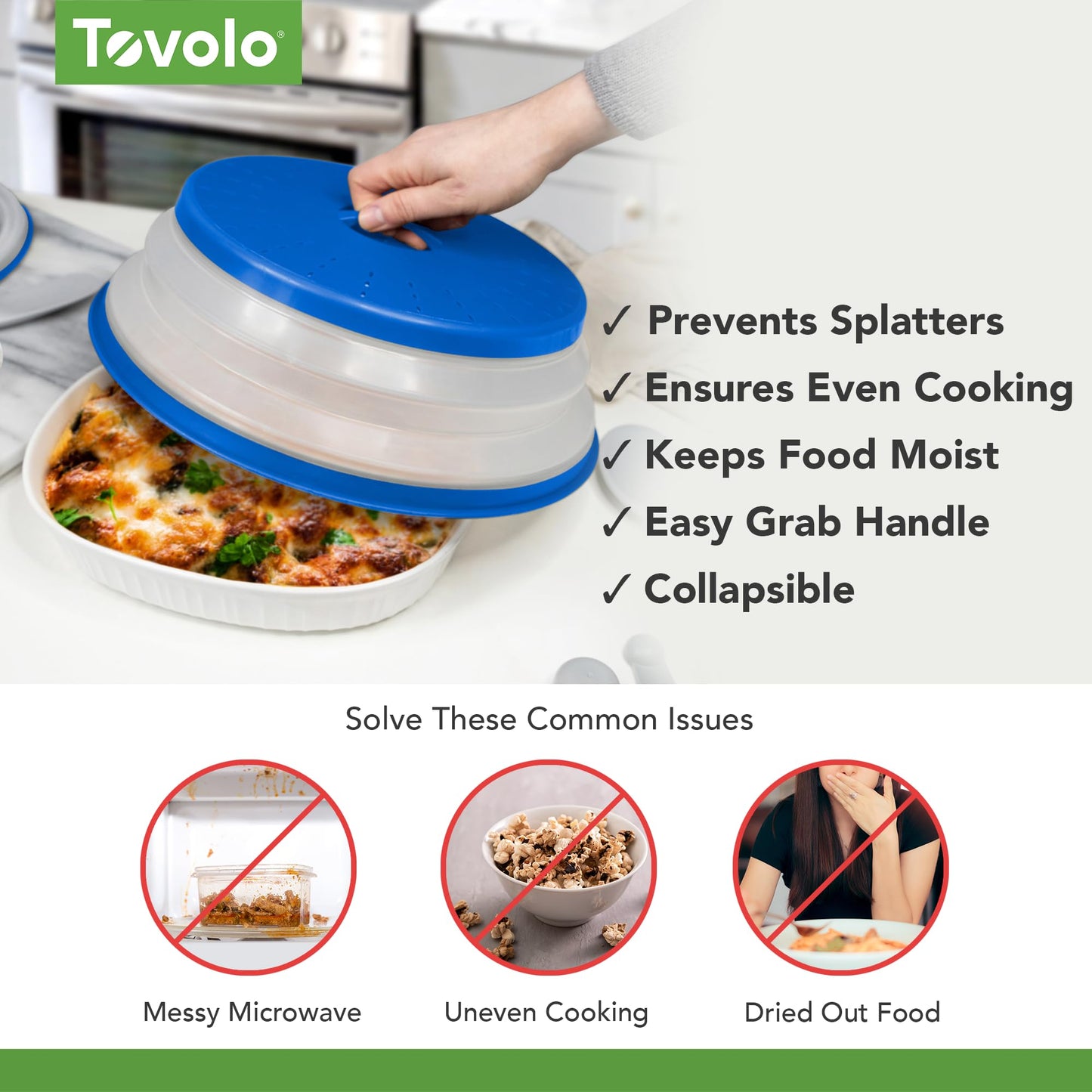 Tovolo Microwave Splatter Cover for Food, Large (Stratus Blue) - Collapsible & Vented Silicone Splatter Guard Lid - Microwave Plate & Dish Cover with Handle - BPA-Free Kitchen Gadget for Meal Prep